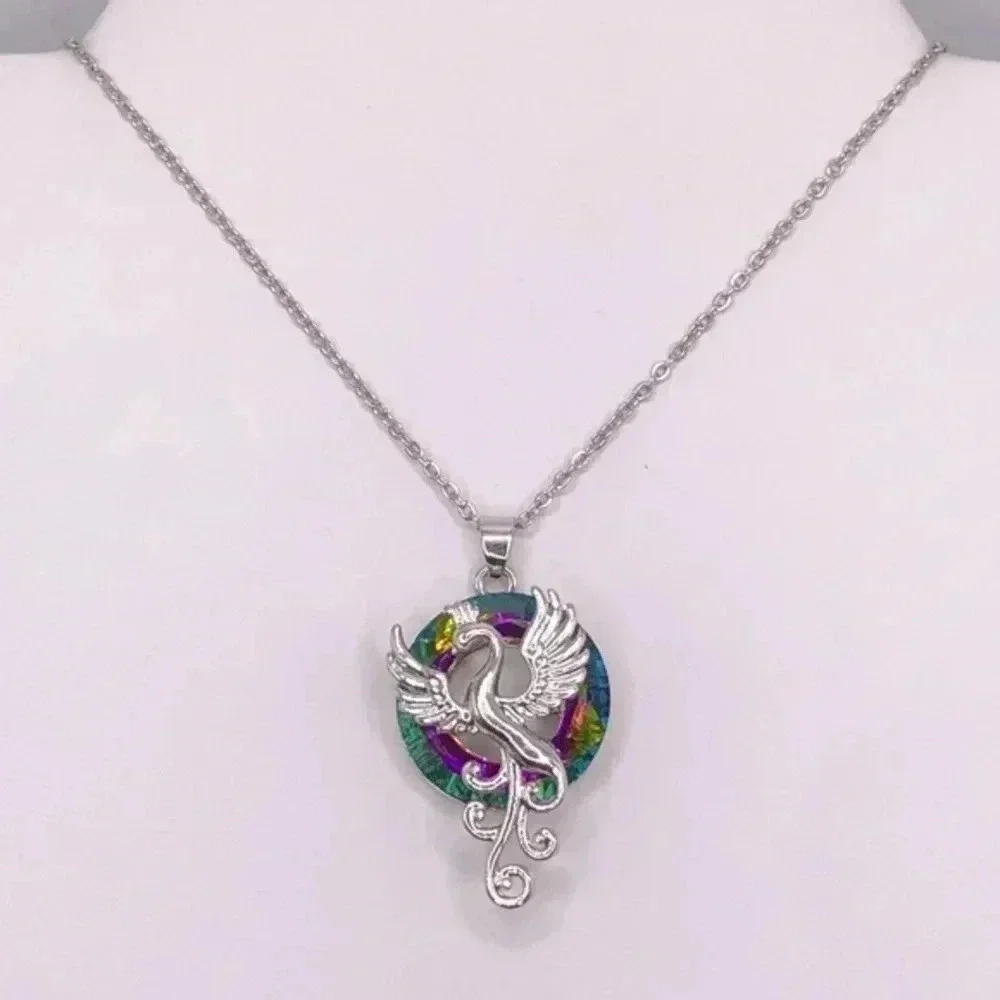 Gorgeous Rainbow Crystal Mystic Phoenix Rebirth Stainless Steel Necklace New NWT - Picture 2 of 3